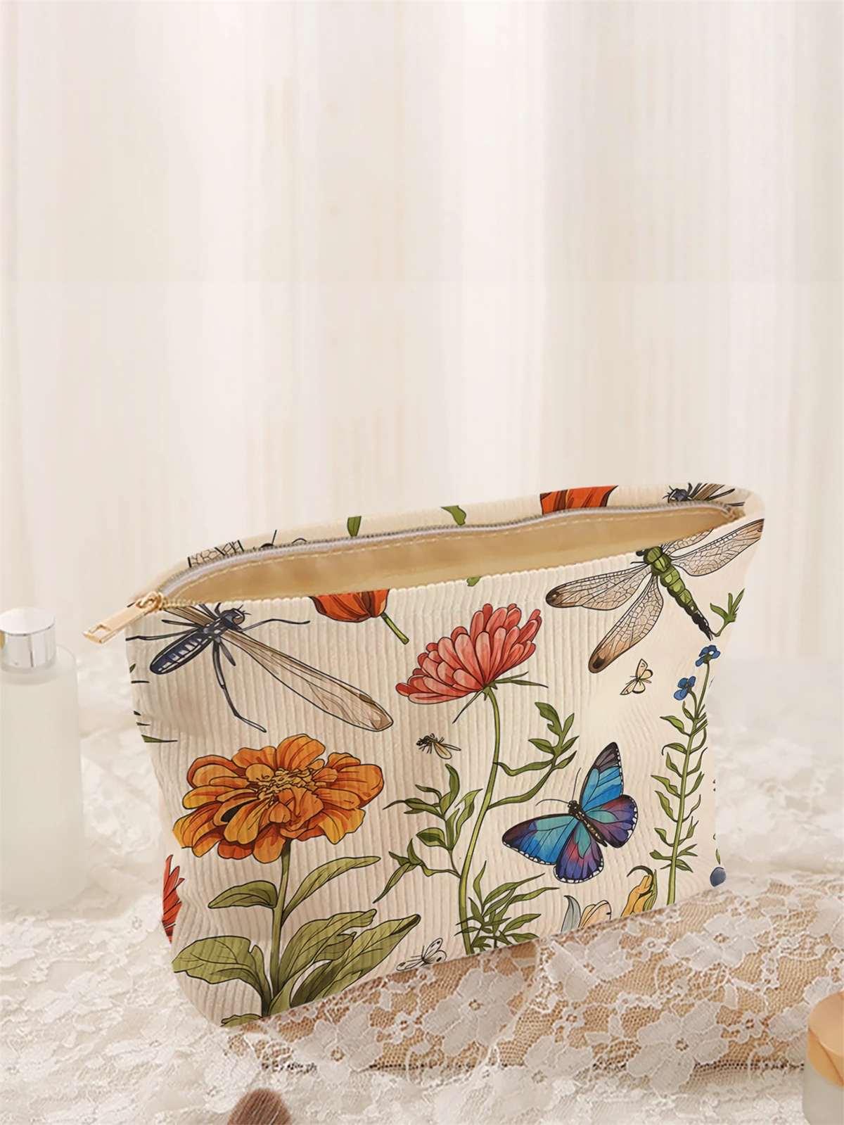 1 floral patterned corduroy makeup bag, lightweight zipper makeup storage box, multifunctional bag with lining