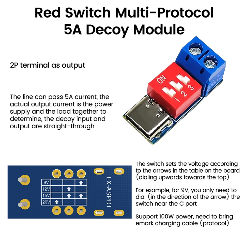 Module USB-C PD Trigger 12V – 12 Pièces – Conversion USB-C Vers Tension Réglable 9V/12V/15V/20V