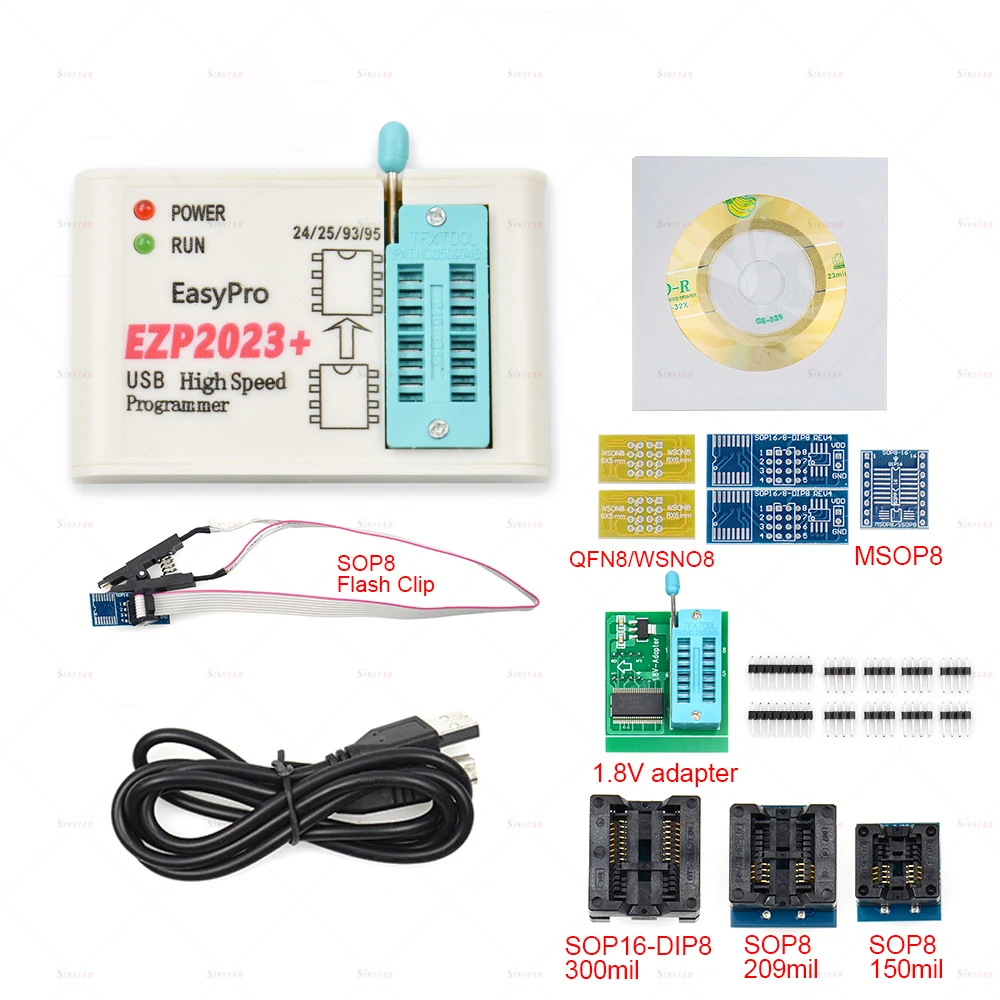 

USB-программатор EZP2023 с 10 адаптерами, Поддержка 24 25 93 95 EEPROM Flash Bios Minipro быстрее, чем EZP2019