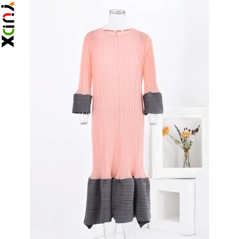 

YUDX Miyake Elegant Pleated Dress For Women Round Neck Long Sleeves Patchwork Contrast Color A-line Dresses 2024 Summer New