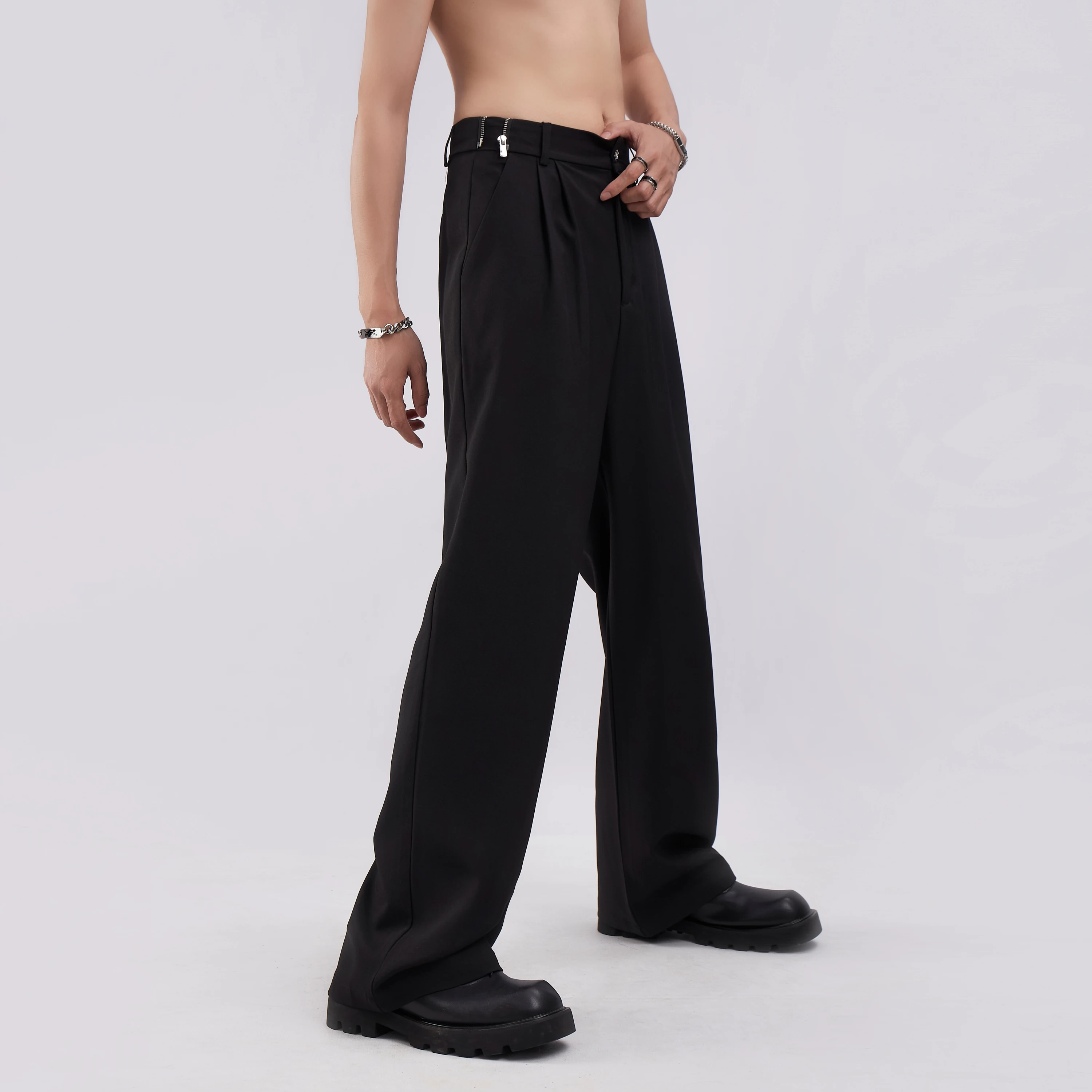 2024 New Design Zipper Wide-leg Trousers Casual Loose Trend Drap Suit Pants Men