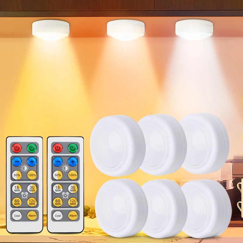 3 Color Under Cabinet Light Wireless Battery LED Lights Remote Control Dimmable Wardrobe Night Lamp For Bedroom Kitchen Showcase
