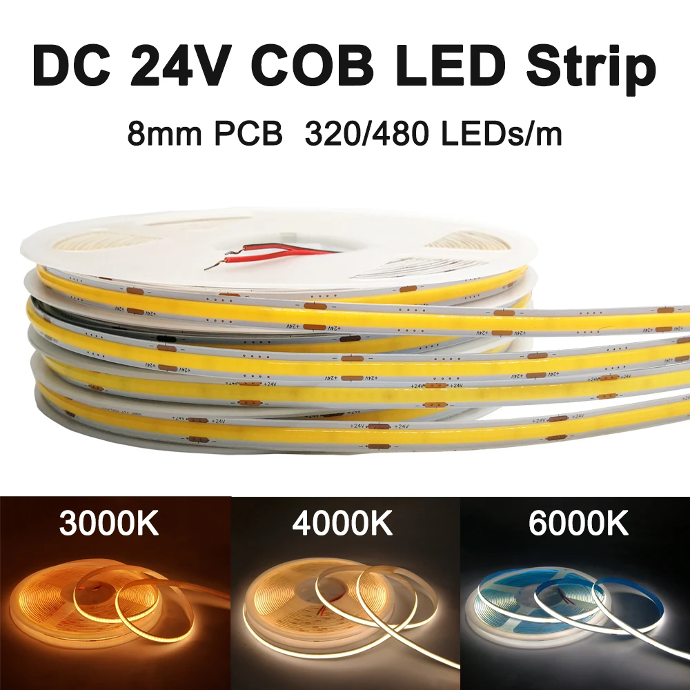 

DC24V COB Led Strip Light 8mm Width PCB Flexible High Density RA90 Warm Nature Cool White Linear Dimmable FOB Tape Bar Lightings