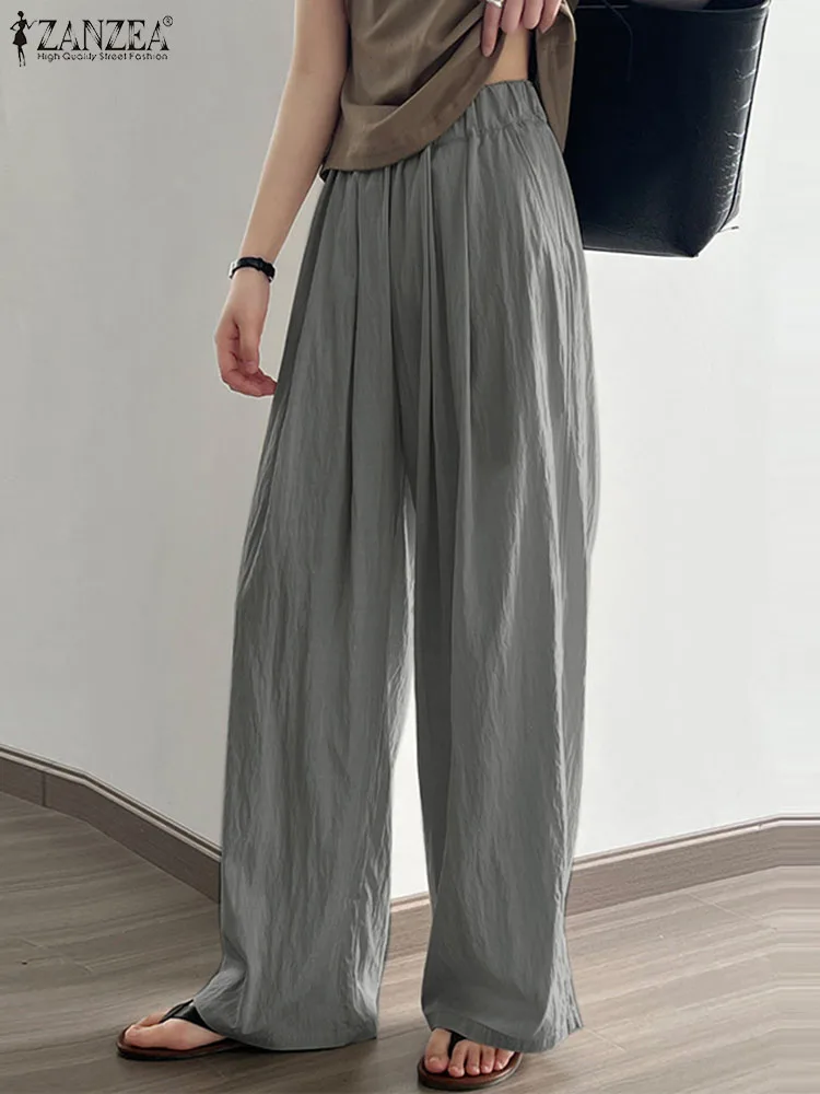 

ZANZEA 2023 Autumn Pleating Pants Casual Loose Solid Pants Holiday Wide Leg Long Trouser Elegant Elastic High Waist Pantalones