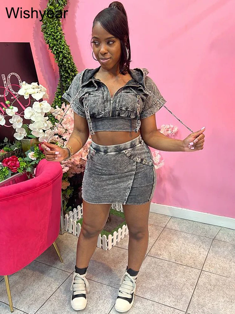 Vintage Wash Blue Two Pieces Women Summer Short Sleeve Zip