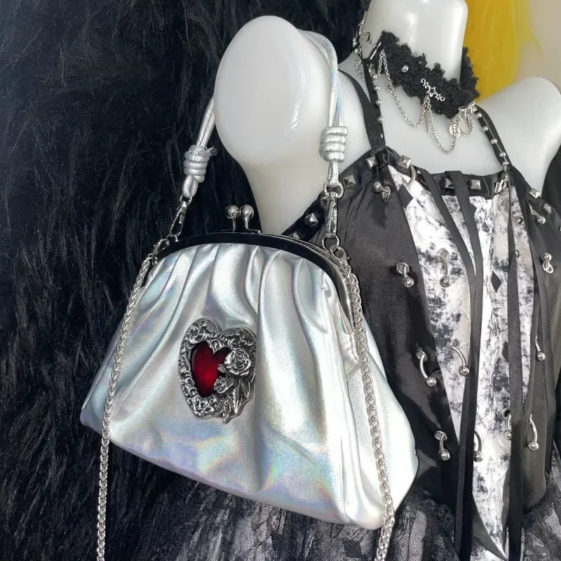 MBTI Vintage Y2k Womens Handbag Silver Gothic Fashion Chains Casual Shoulder Bag Pu Leather Pleated Original Female Shell Bag