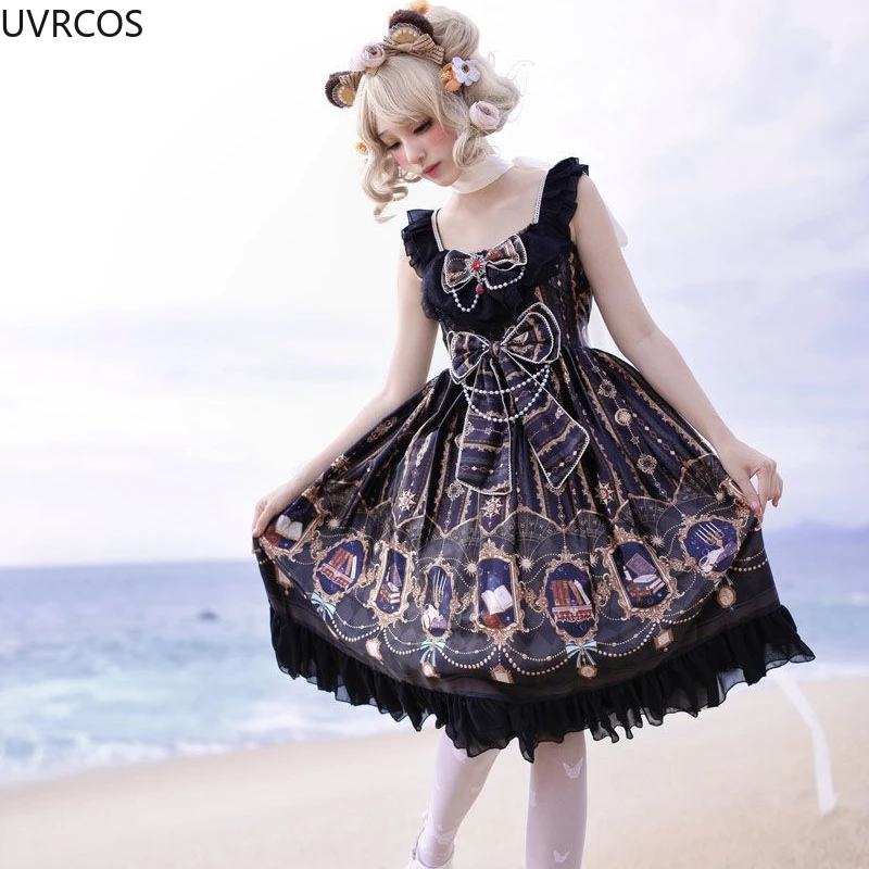 Victoria Vintage Gothic Lolita JSK Dress Women Sweet Star Bow Elegant Princess Sleeveless Dress Girly Party Black Strap Dresses lolita dress lolita suspender dress lolita cosplay costumes suspender dress