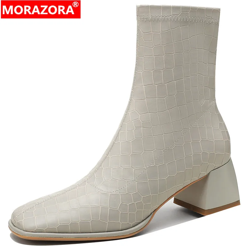 

MORAZORA 2022 New Arrive Solid Thick Med Heels Shoes Genuine Leather Winter Women Boots Fashion Zipper Ankle Boots