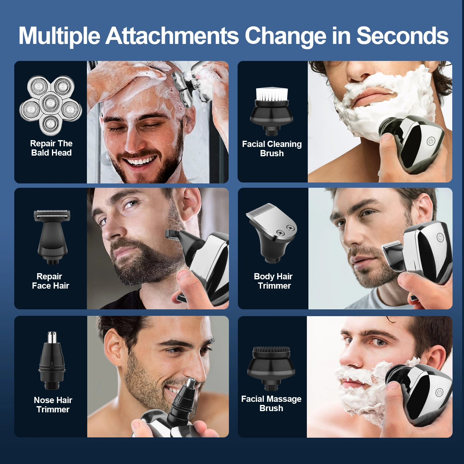 Electric Shaver 6 in 1 Men's Electric Shaver 6 Blades Waterproof Rechargeable Multifunctional Razor Nose Hair Trimmer Wet & Dry Razor Beauty Kit