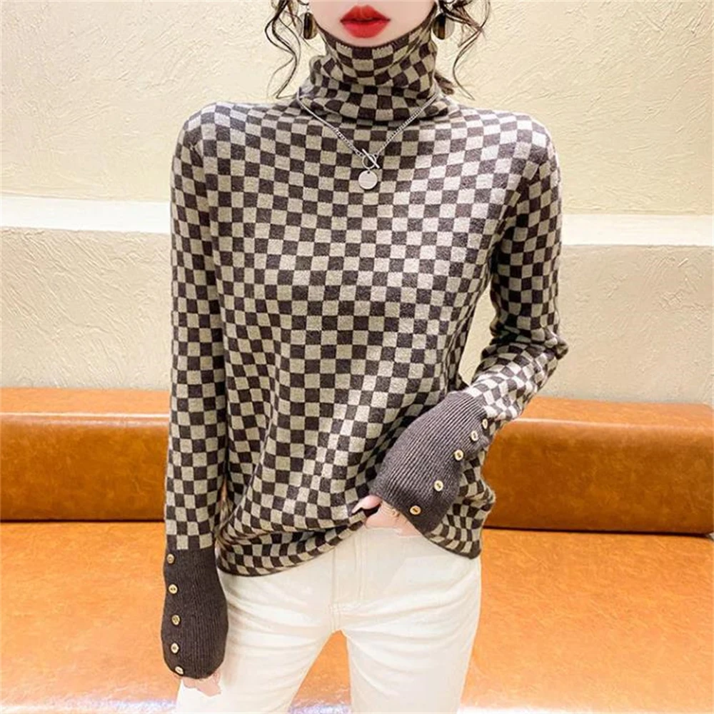 

Turtleneck Women Argyle Sweater Winter Houndstooth Tight Turtleneck Sweater Plaid Knitted Luxury Pullover Women Jumpers Stretch