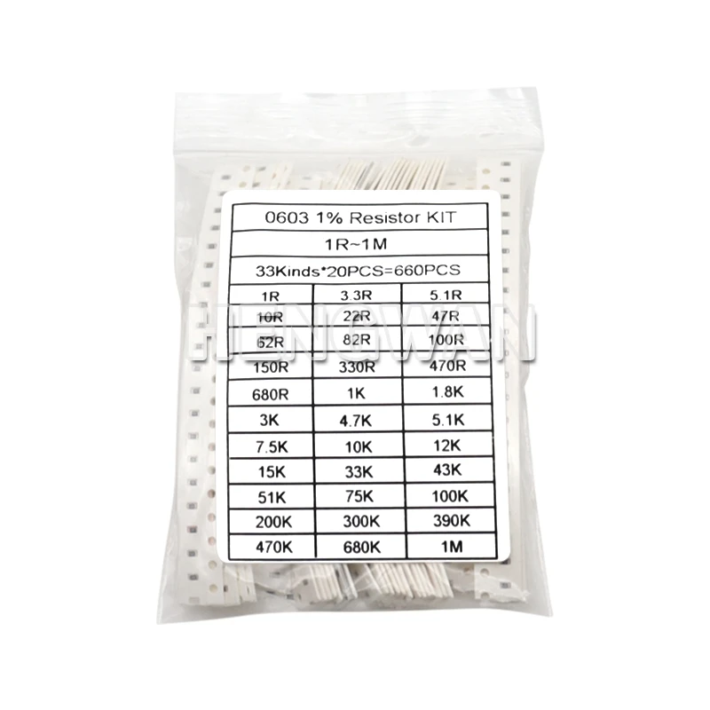 660pcs/Lot 0603 0805 1206 0402 0201 1% SMD Chip Resistor Assorted Kit 1R-1M Ohm 33valuesX20pcs Resistance Sample Set