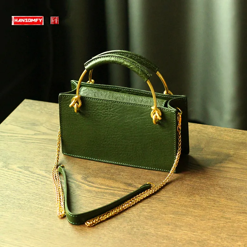 

Cowhide Small Messenger Bag Genuine Leather Women's Bag Crossbody Handbags 2022 New Artistic Shoulder Bag Mobile Phone Bag Chain
