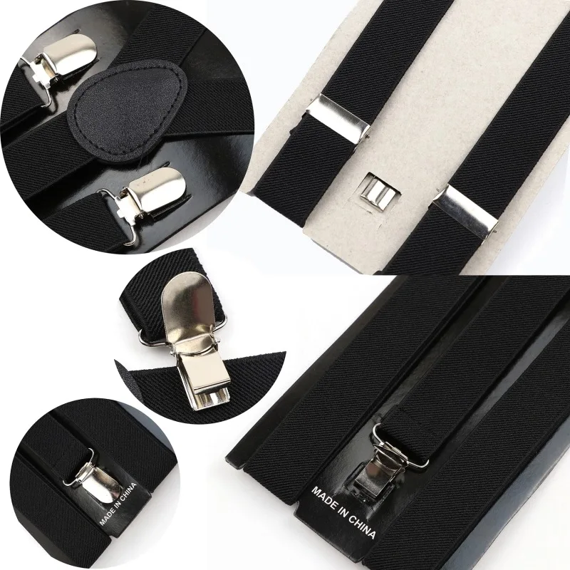 Brucle Skinny Y-Shape Elastic Suspenders with Clips, Black