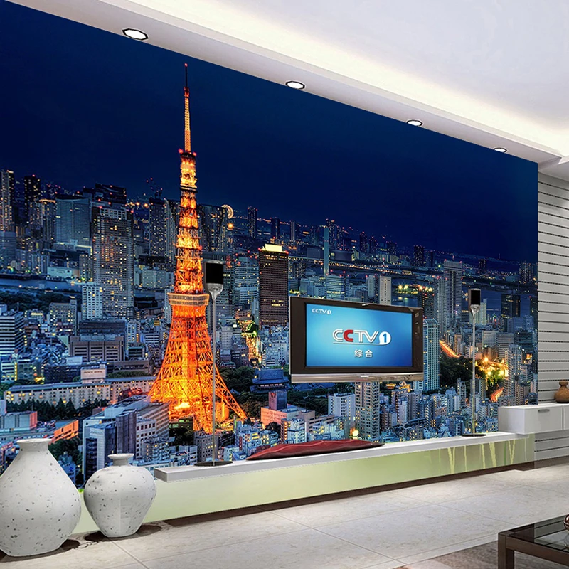 Papel de Parede Personalizado 3d Mural Moderno para Escritório Sala de Estar Decoração do Quarto Paris Torre Eiffel Edifício da Cidade Vista Noturna