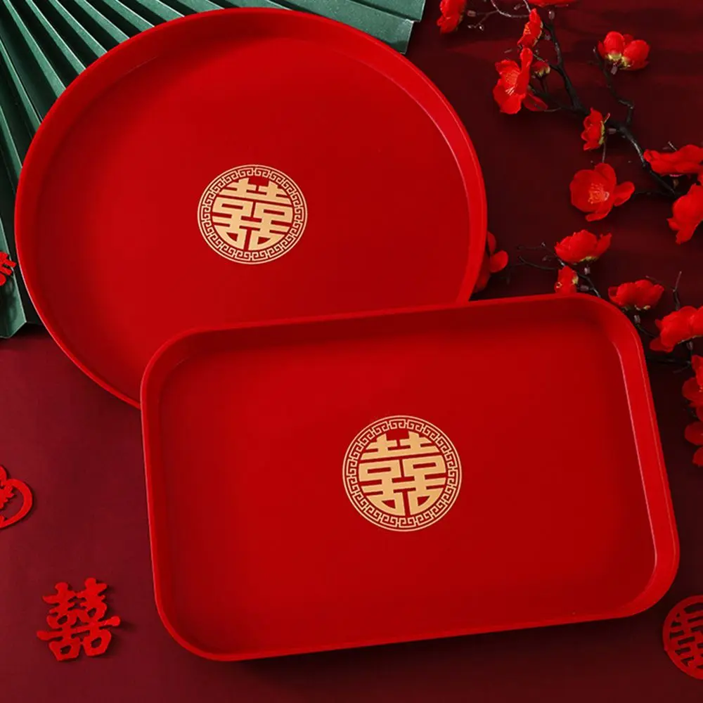 New Chinese Traditional Red Xi Tray Plastic Tea Tray Wedding Toast Tray Snack Tray Fruit Tray Wedding Banquet Festive Supplies