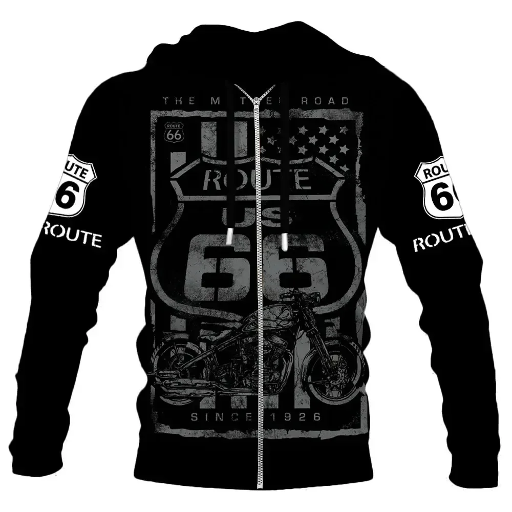 thumbnail image 1 of Sudadera con capucha y cremallera para hombre, informal, nueva, de primavera y otoño, con estampado de la Ruta 66, de manga larga, estilo urbano, holgada y de gran tamaño, 1 of 5