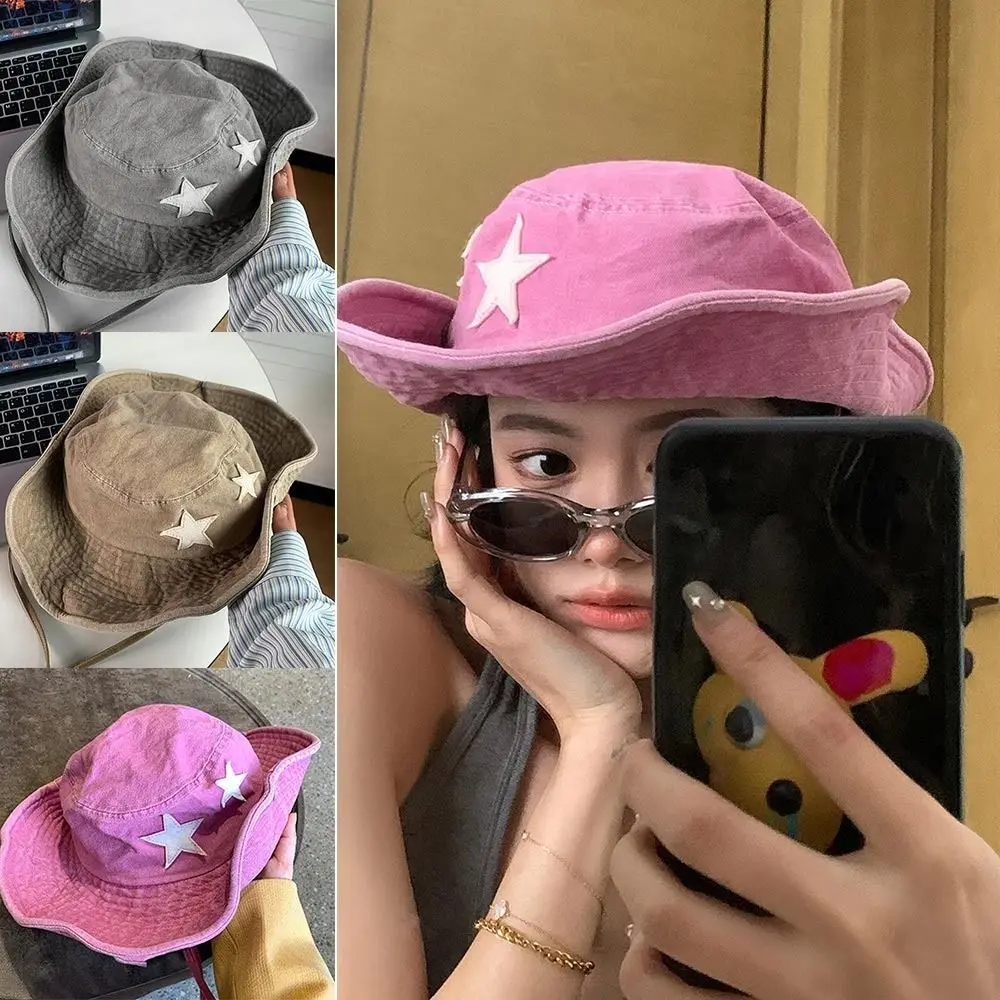 

Pink Stars Cowboy Hat Foldable Punk Sun Protection Cap Denim Large brim Glitter Western Hat Women Man
