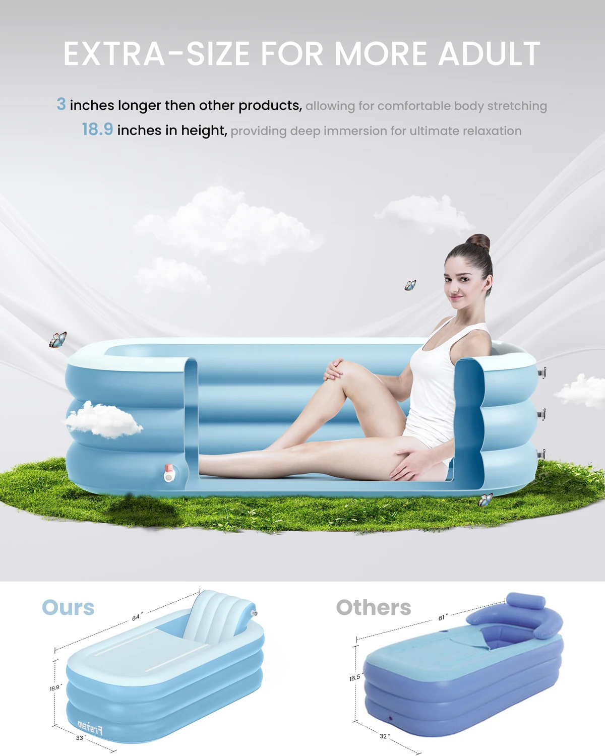 Inflatable Bath Tub for Adults, 64" Collapsible Ice Bath Tub for Athletes, Portable Foldable with Wireless Electric Air Pump