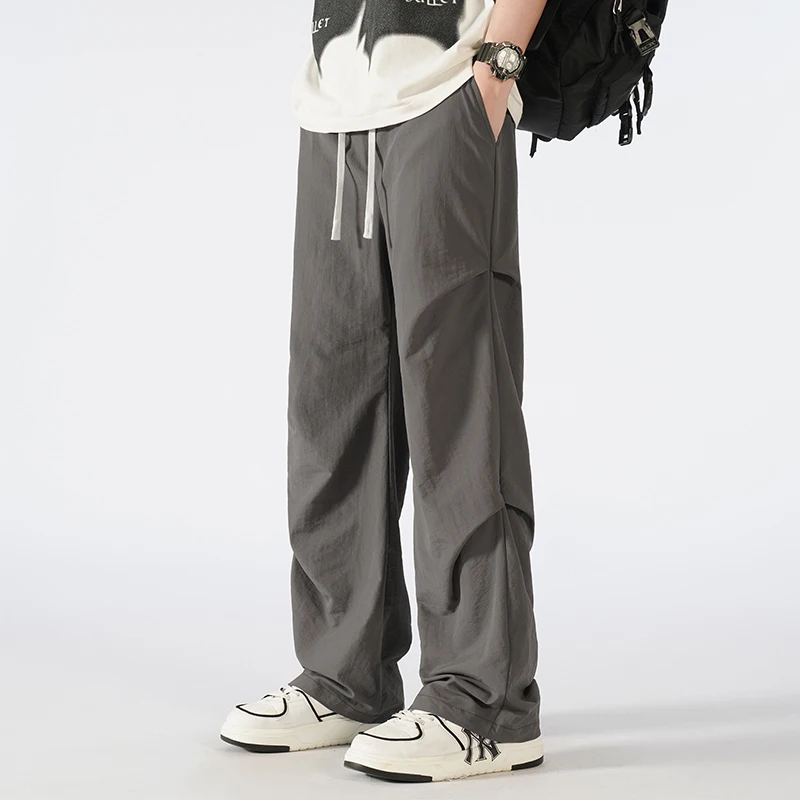 Spring Autumn Solid Color Men's Clothing High Waisted Pockets Shirring Elastic Wide Leg Sweatpants Cargo Trousers Casual Pants