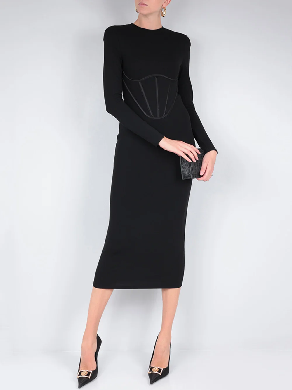 

Modphy Autumn 2023 New Women's Black Long Sleeve Bandage Dress Sexy O-Neck Bodycon Midi Celebrity Club Party Dress Vestidos