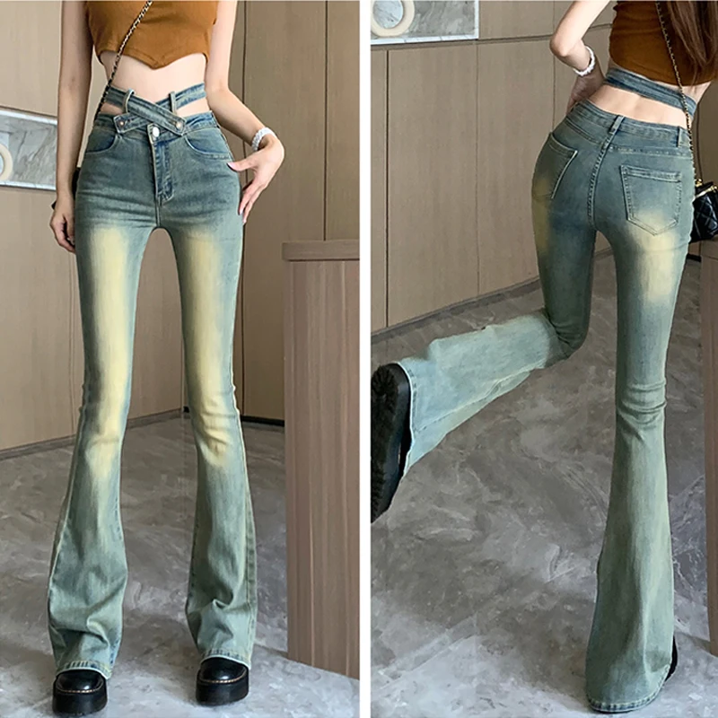 Retro Spice Girls Jeans Women's Denim Trousers Waist Crossover Show Waist American Flared Pants High Waist Casual Buttocks Pants jeans yoga for women denim pants lady indoor outdoor sport casual pants high waisted lifting buttocks trousers soft fabric