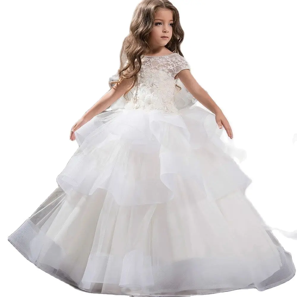 

White ivory Flower Girl Dress Trailer Puffy Wedding party Dress Girl First Communion Eucharist Attended Princess Lace Eve