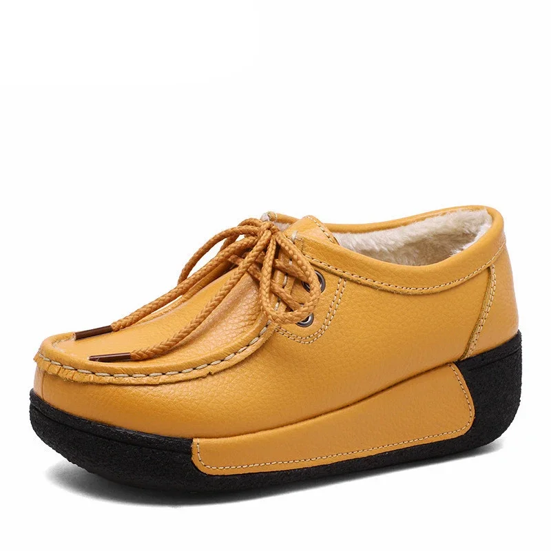 BEYARNENew Winter Shoes Genuine Leather Womens Flat Platform Shoes Casual Womens Loafers Plush Womens Slip-on Sneakers for Women 5