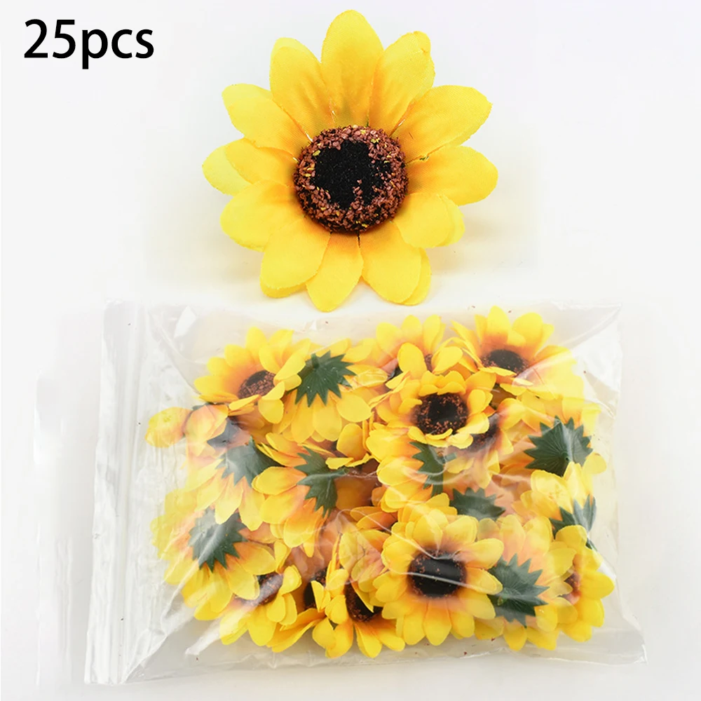 25 Stück 7 cm künstliche Seide Sonnenblumen Kopf künstliche Blumen DIY Kranz Scrapbooking Geschenke Box Hochzeit Party Home Office Dekor