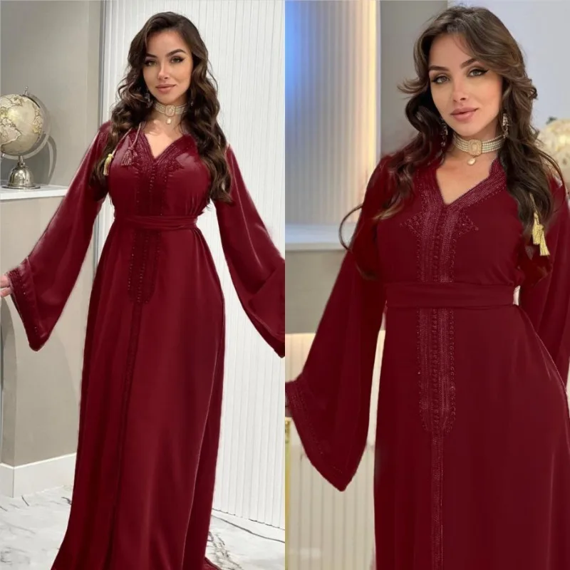 

Jalabiya Middle Kaftan Women Eid Muslim Belt Dress Dubai Robe Islamic Abaya Turkey Party Dresses Ramadan Abayas Elegant