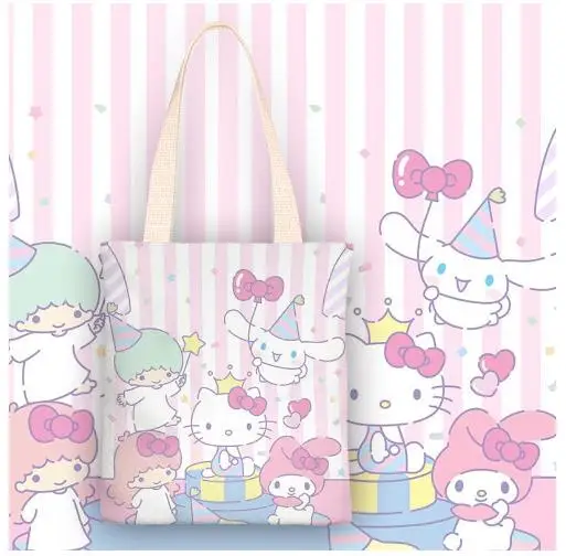 Bolsa Hello Kitty com zíper para mulheres, desenhos animados, cinnamoroll, curomiins, lona fresca pequena, um ombro, portátil, moda simples