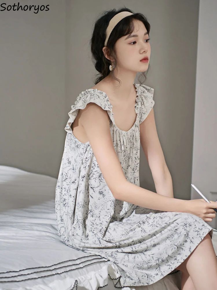 

Women Vintage Print Nightgowns Sweet Ruffles Elegant French Style Girlish Sleeveless Sleepwear Loose Sexy Home Clothes Summer