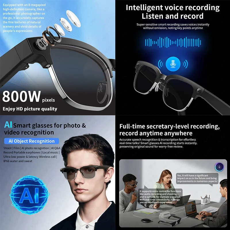 LIGE New AI 800W Camera Smart Glasses 1080P Video Record Bluetooth Call Sunglasses Voice Control Translation Color-change Lenses