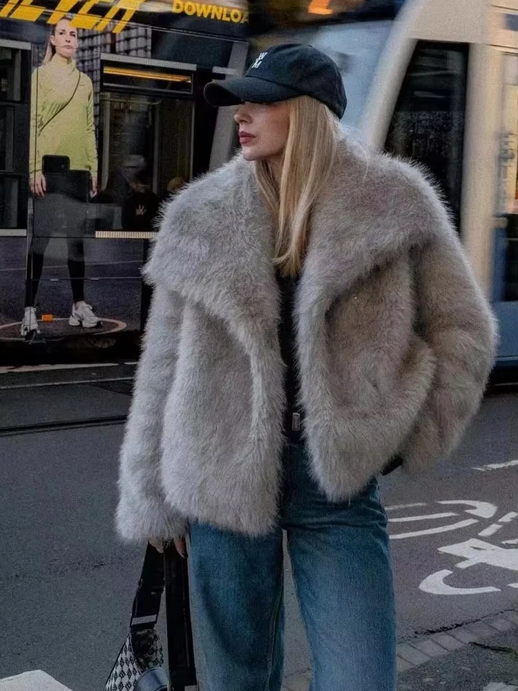 HH Women Fashion Faux Fur Jacket Vintage Turn-Down Collar