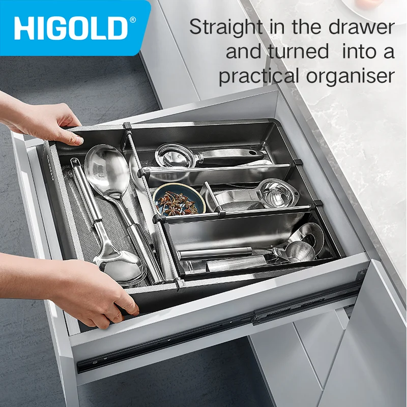 HIGOLD Small Pull Basket Kitchen Cabinet Tool Puller Single Drawer Space Aluminium Tool Basket Utility Room Damping Divider