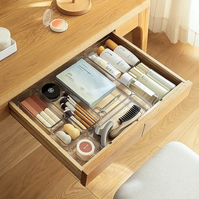 Adjustable Versatile Drawer Organizer Clear Plastic Trays and Dividers in 5 Sizes for Perfect Makeup and Kitchen Storage