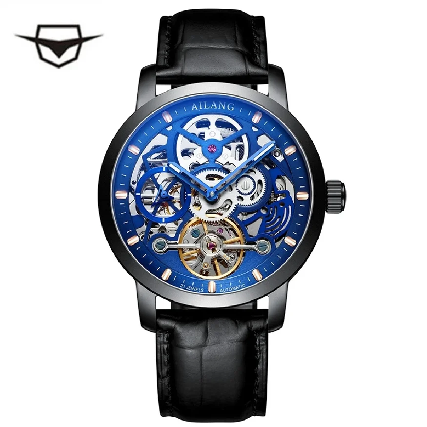 

AILANG 2023 New Mens Hollow Top Brand Luxury Luminous Waterproof Leather Watch Steampunk Clock Automatic Mechanical Men 6811D