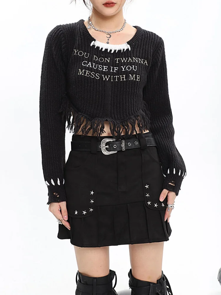 

HOUZHOU Y2K Gothic Black Crop Sweaters Women Cyber Punk Kpop Letter Embroidery Jerseys Grunge Hippie Streetwear Knitwear Tops