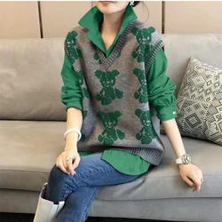 Fashion Lapel Spliced Loose Casual Cartoon Shirts Women's Clothing 2023 Autumn Winter Oversized Korean Tops Commuter Blouses