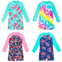 Baby Spring Summer Clothes 2024 New Girls' Swimsuit Zipper Long Sleeved Jumpsuits Swimsuit Floral Print Girls Summer Beachwear 2