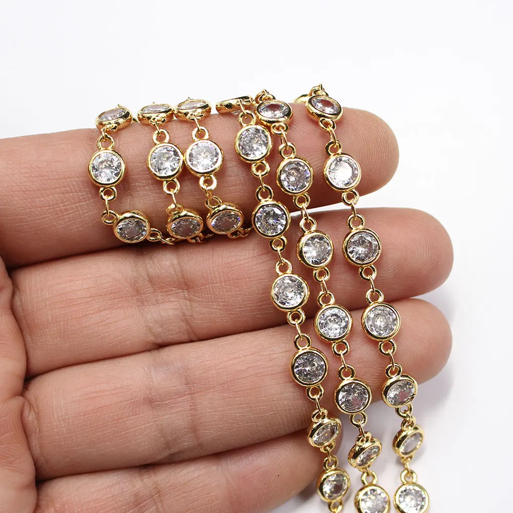 1 Meter Bezel Set 6mm Clear CZ Yellow Gold Plated Copper Fashion Chain Paperclip Neck Chain Pearl Jewelry Making DIY