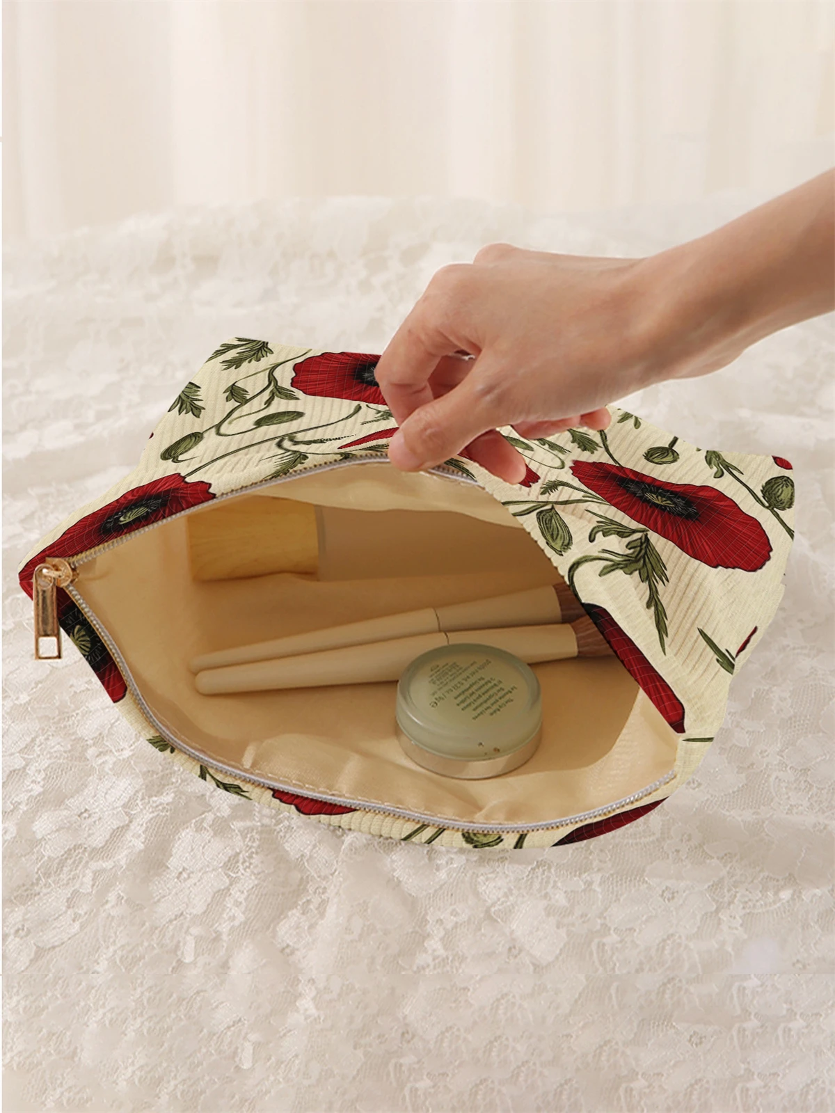1 floral patterned printed corduroy makeup bag, lightweight zipper makeup storage box, multifunctional bag with lining