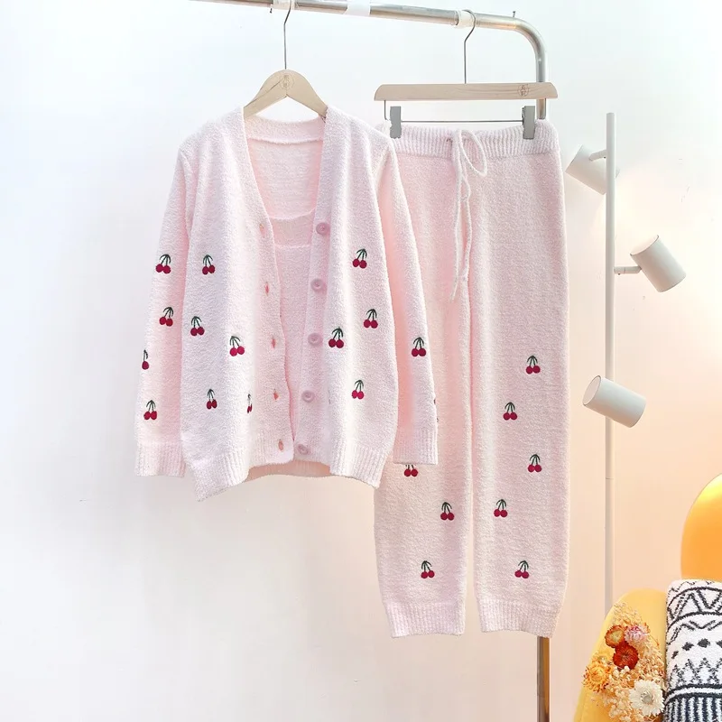 

Girls Home Clothes Three-piece Set Pajamas Women Warm Thick Cardigan Embroidered Cherry Knitted Soft Sweet Autumn Winter Wear Pj