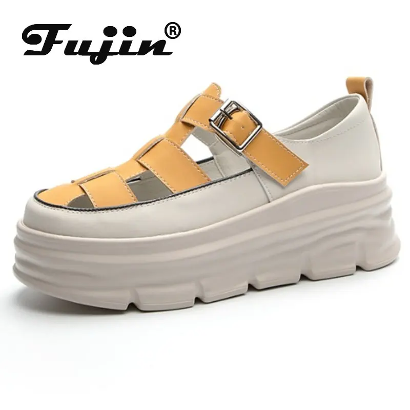 

Fujin 6.5cm Cow Genuine Leather Women Sandals Buckle Sandals Summer Fashion Platform Wedge Chunky Sneakers Comfy Ladies Shoes