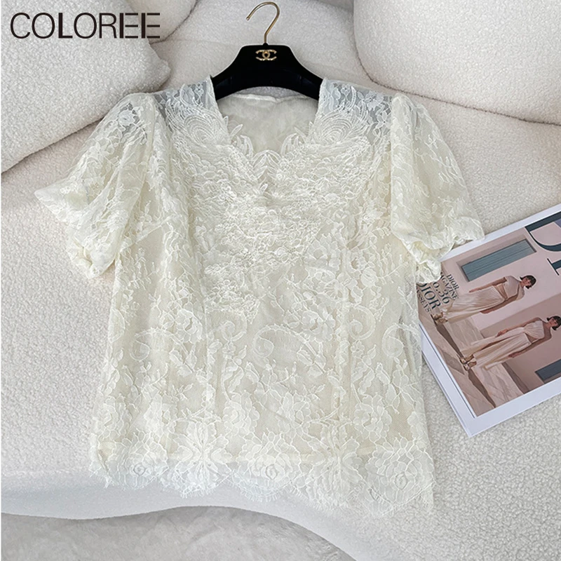 

Blusa Mujer Moda 2023 Elegant V-neck Puff Sleeve Beige Lace Camisas De Mujer Korean Fashion Summer Clothes for Women Tops