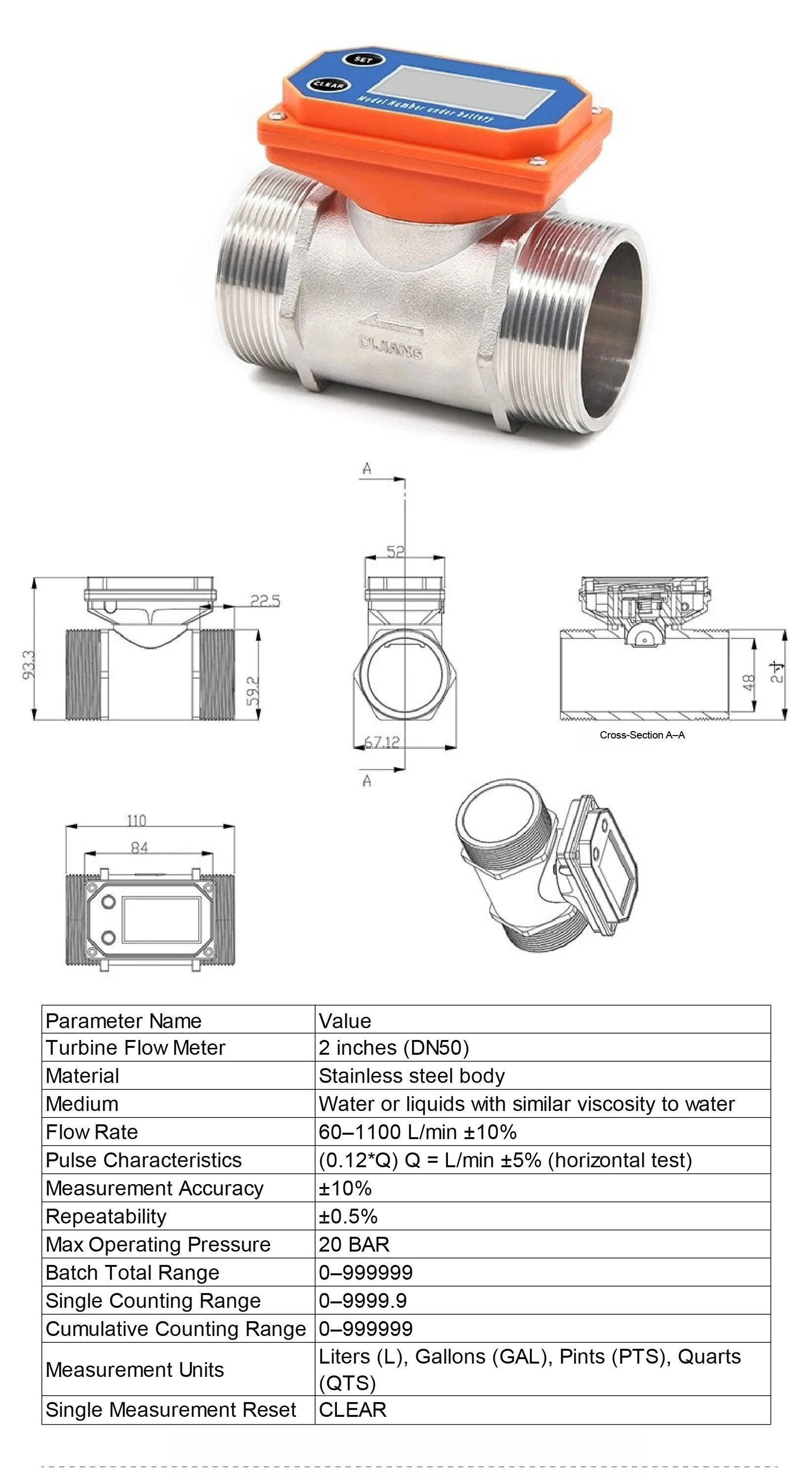 SUS-BT01 Electronic Digital Flow Meter Stainless Steel Battery Powered Turbine W