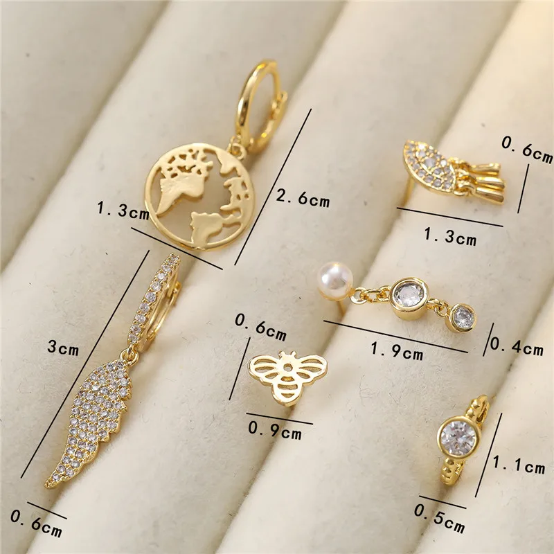Cute 6pcs Female Bee Animal Angel Wing Hoop Earrings Set Female Gold Color Wedding Jewelry Gift