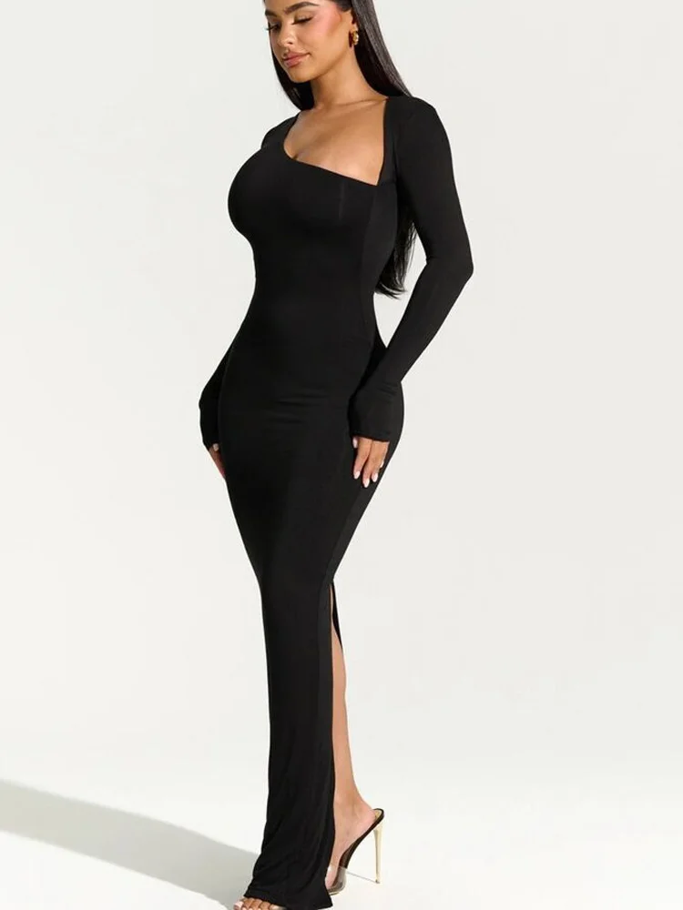 Fashion Women's Spring Irregular Neck Long Sleeve Slim Dress Solid Color Elegant Bodycon Black Long Dress Split Evening Dress