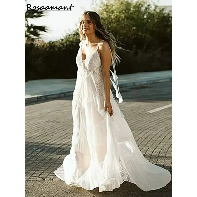 Bohemian Spaghetti Straps Tassel A-Line Wedding Dresses Appliques Lace Tiered Boho Country Customized Bridal Gowns 2