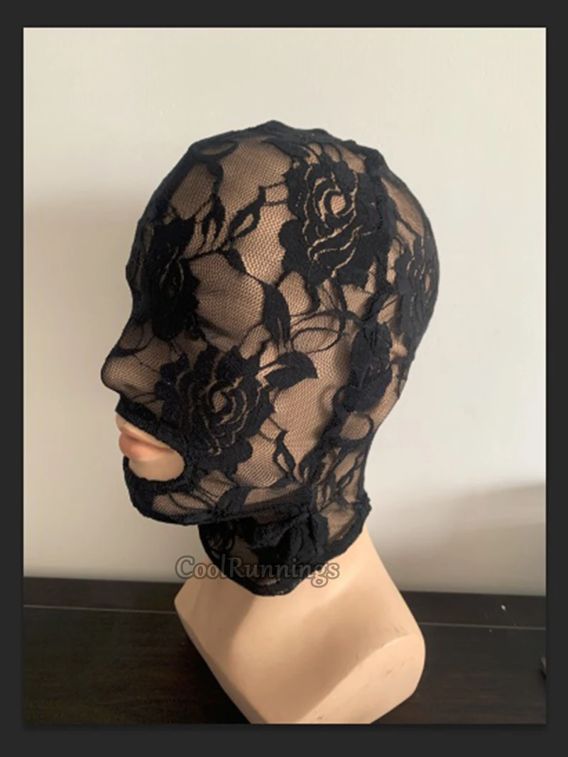 Cosplay Costume Sexy Fetish Wear Black Open Mouth Spandex Lace Full Hood Costume
