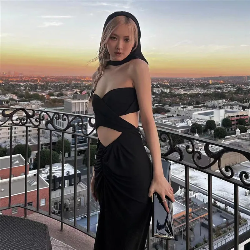 

European and American style spring 2023 new women's fashion openwork sexy crop top hooded slim hip bottom dress